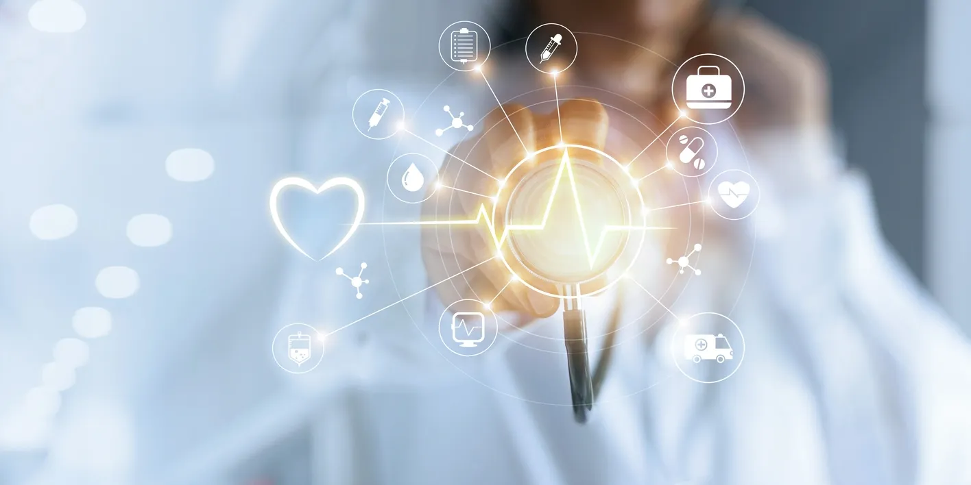 Healthcare technology concept with digital icons.